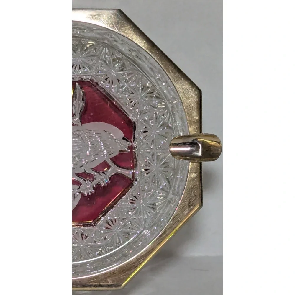 Vintage Hofbauer Byrdes Ruby Red Clear Cut Crystal and Brass Octagon Ashtray